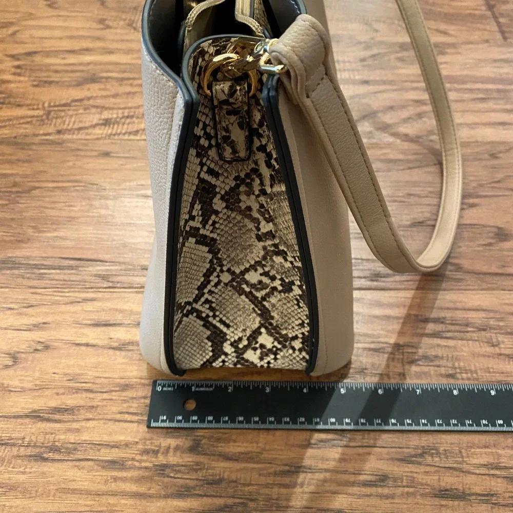 Luella Grey London Beige Snakeskin Satchel Handbag Gold Ring Handle Crossbody